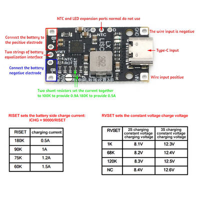Τύπος-C USB 2/3S BMS 15W 8.4V 12.6V 1.5A Λιθιογενής μπαταρία φόρτισης ενότητα Boost με ισορροπημένη υποστήριξη γρήγορη φόρτιση με δείκτη