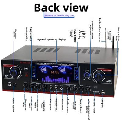 AV-888 7.1 Κανάλι 2000W Υψηλής Ισχύος Οικιακού Κινηματογράφου Ενισχυτής Καραόκε Ηχείων Διπλού Βρόχου 12 Σωλήνων Κατασκευασμένο από Ανθεκτικό Μέταλλο