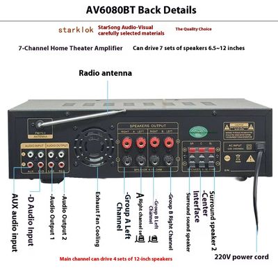 AV-6080BT 1000W 7-Κανάλι σταθερή αντίσταση ενισχυτής Οικιακό αυτοκίνητο μεταλλικοί δέκτες USB Flash SD κάρτα BT ασύρματος παίχτης Παγκόσμια