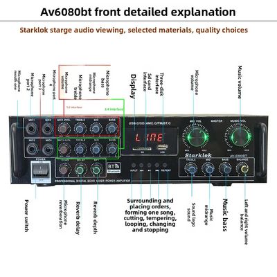 AV-6080BT 1000W 7-Κανάλι σταθερή αντίσταση ενισχυτής Οικιακό αυτοκίνητο μεταλλικοί δέκτες USB Flash SD κάρτα BT ασύρματος παίχτης Παγκόσμια