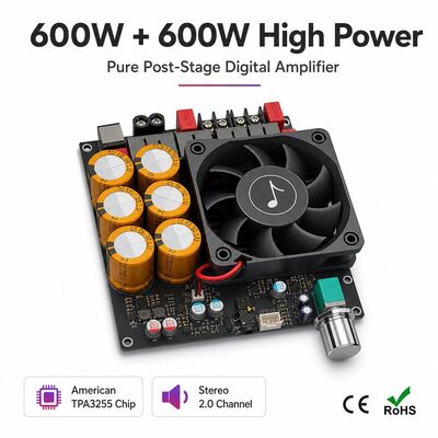 600W+600W Διπλή πλακέτα ενισχυτή TPA3255 με ψύξη ανεμιστήρα, στερεοφωνικός ενισχυτής Class D, DC18-50V